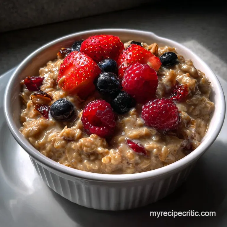 Silky smooth oatmeal artfully arranged in a ceramic bowl, garnished with a swirl of honey and a scattering of vibrant berr...