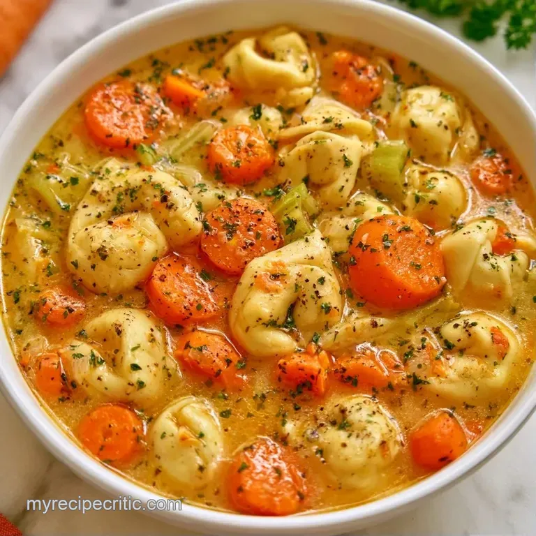 Elegant white bowl of creamy gold soup with floating tortellini, fresh herbs, and a side of crusty toasted bread.