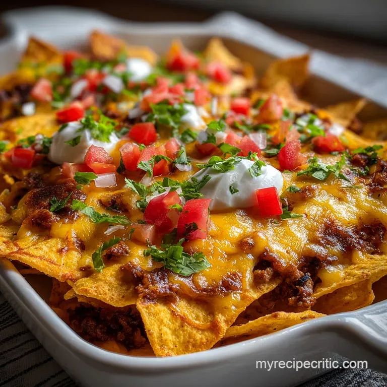 Perfectly arranged nachos on a white plate, showcasing vibrant green cilantro, red tomato, and bubbling, golden cheese. Ap...