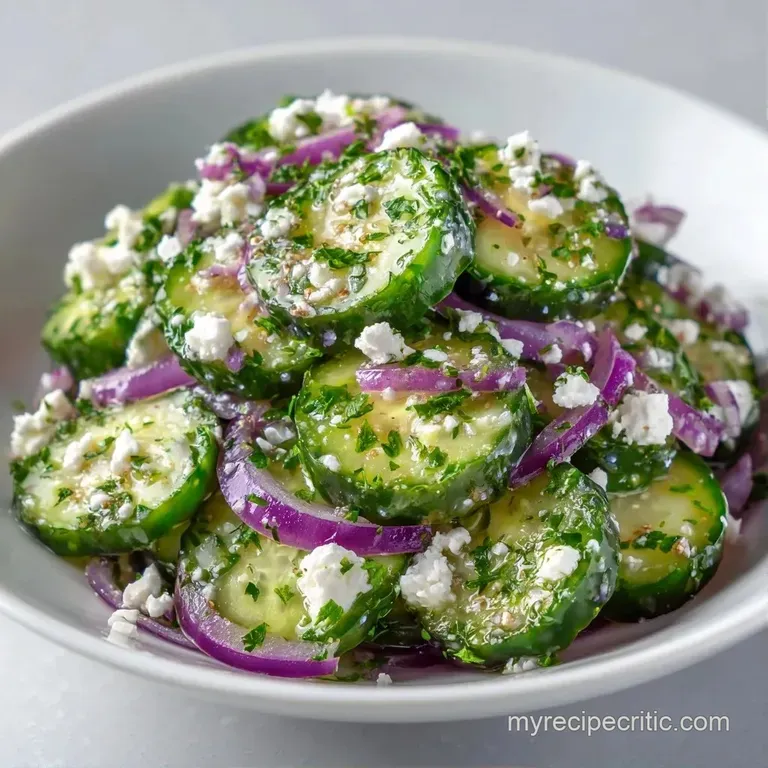Vibrant green cucumber rounds and red onion rings tossed with crumbly white feta cheese in a white ceramic bowl.
