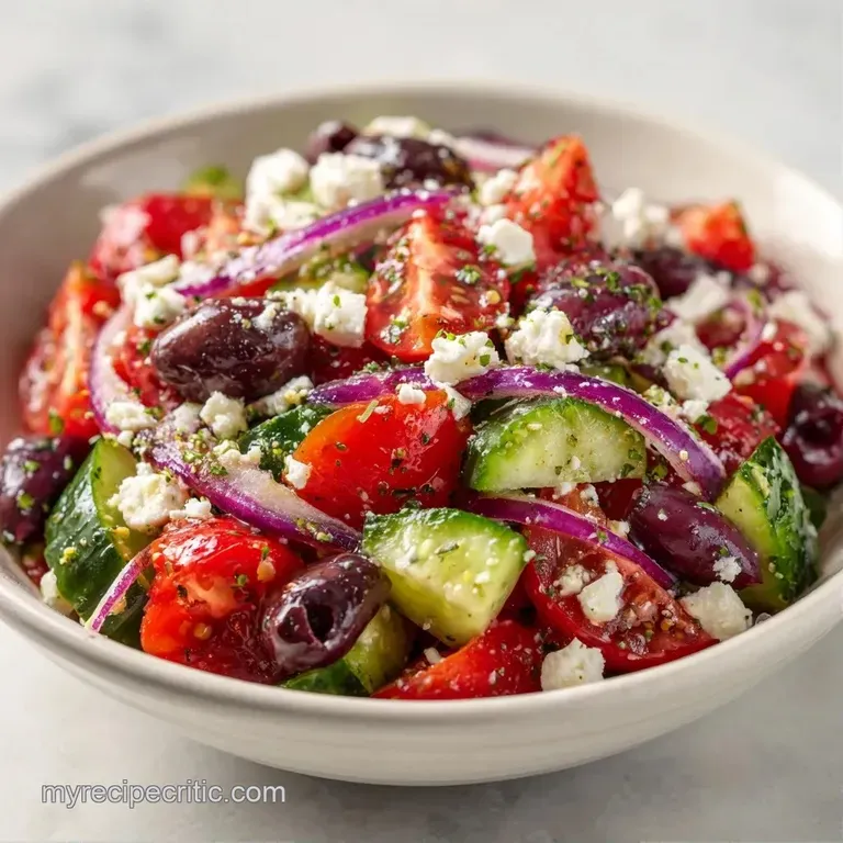 Bright red tomatoes and crisp green cucumbers tossed with white feta cubes in a minimalist white porcelain bowl.