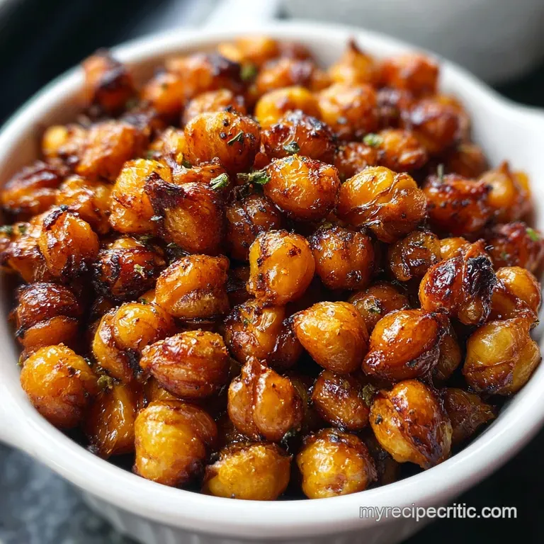 Pile of smoky roasted chickpeas presented in a small, handcrafted ceramic bowl. Lightly salted, crunchy and ready to eat.
