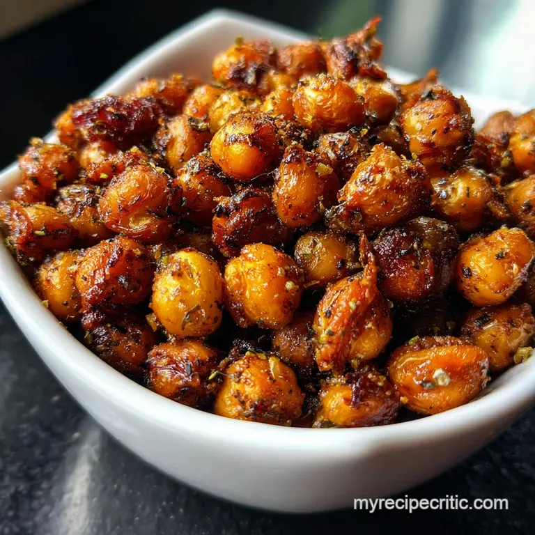 Overhead shot of golden-brown roasted chickpeas, lightly charred, seasoned with spices on a rustic wooden surface. Grainy ...