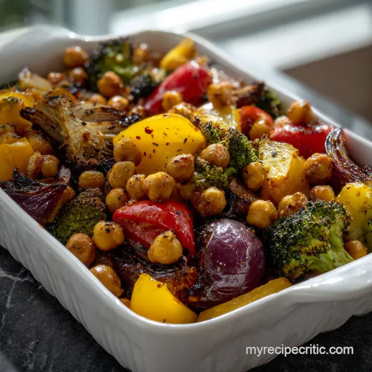 Artfully plated roasted vegetables and chickpeas, with a drizzle of olive oil. Displayed on a bright white plate, offering...