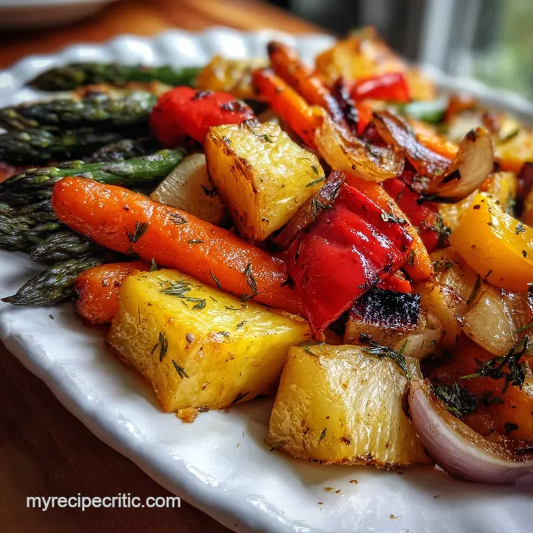 A vibrant, artful plate of roasted vegetables, some caramelized, some bright green, presented with an elegant drizzle of s...