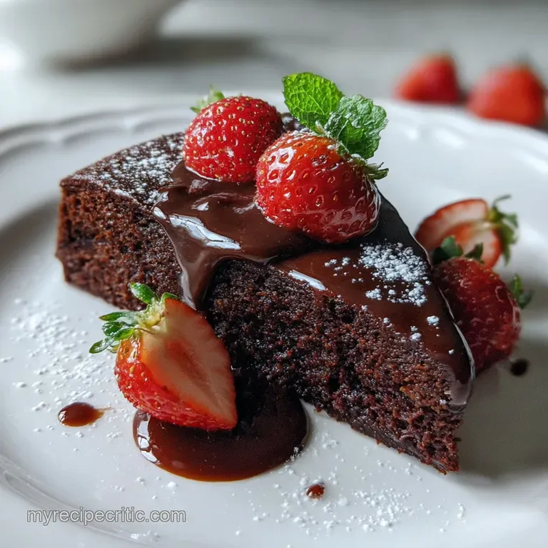 Slice of dark chocolate cake on a white plate. Glossy ganache reflects the light. Garnished with cocoa powder and a raspbe...