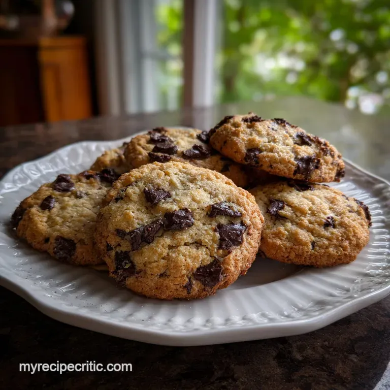 Dark chocolate chip cookie on a white plate, drizzled with dark chocolate sauce and dusted with cocoa. A sophisticated treat.