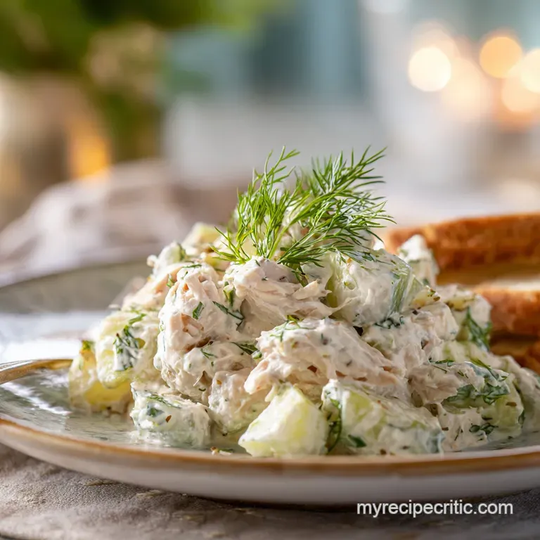 A neat scoop of chicken salad topped with fresh dill sprigs and a pickle slice on a white plate.
