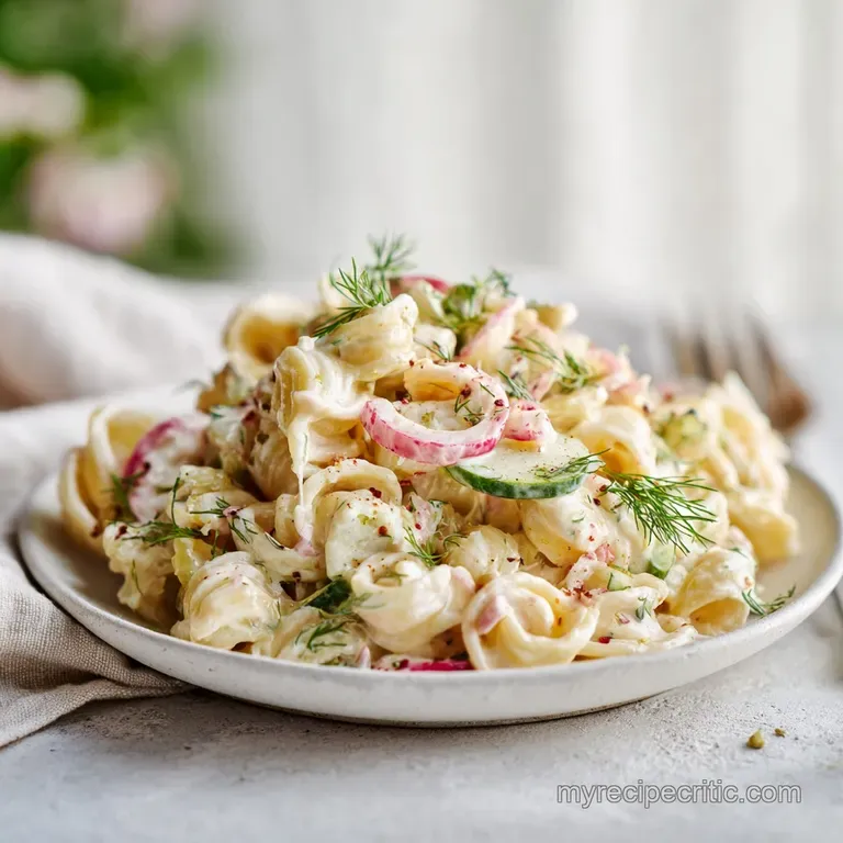 Individual serving of chilled pasta salad, showcasing the creamy dressing clinging to the pasta and colorful mix-ins. Fres...