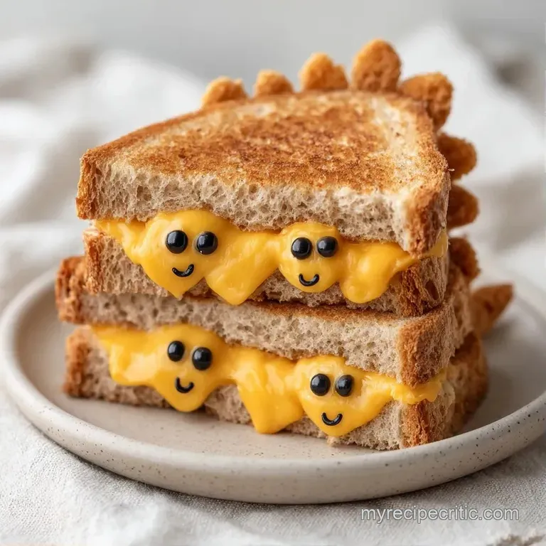 Fun dinosaur-shaped toast with melted cheese and ham, arranged on a white platter with fresh grapes and orange slices.