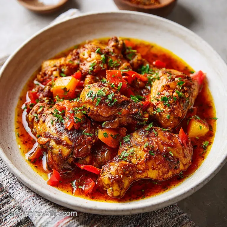 A perfectly portioned serving of succulent braised chicken nestled in its flavorful sauce, garnished with fresh herbs.