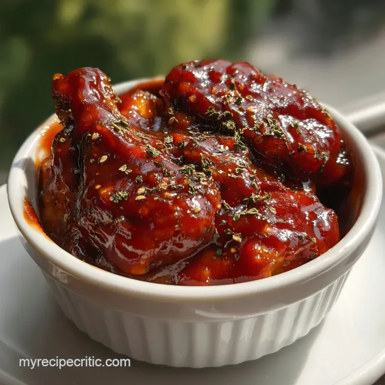 Elegant white plate showcasing a portion of ribs drenched in a rich, dark sauce, alongside a vibrant green garnish. Textur...