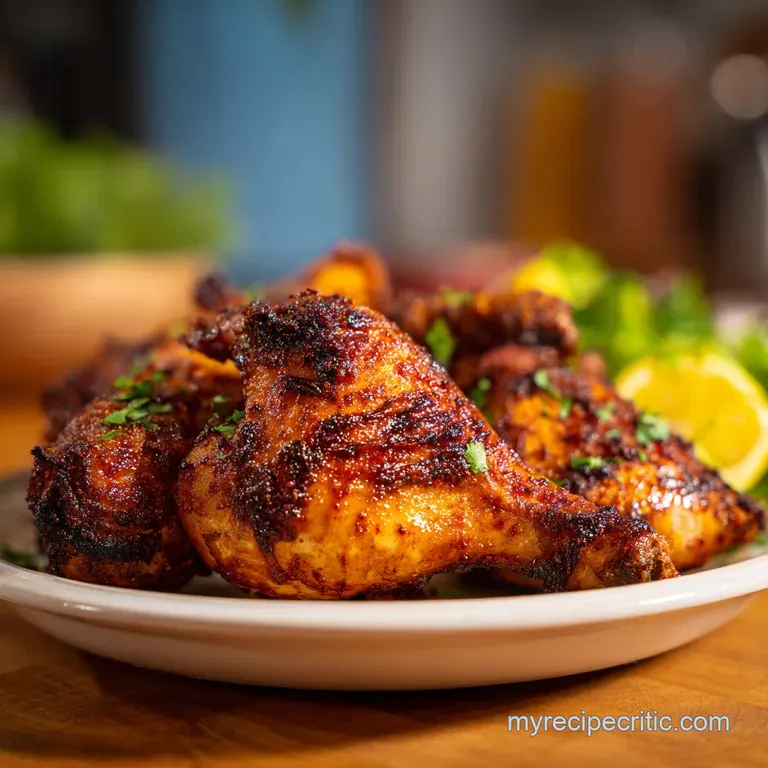 Juicy chicken quarters, perfectly roasted to a deep golden hue, sit on a clean white plate.