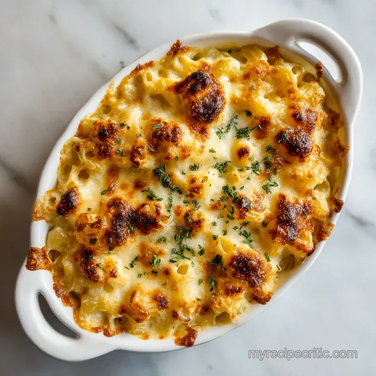 Creamy baked mac and cheese served in a white bowl, sprinkled with herbs. A cozy, comforting individual portion.