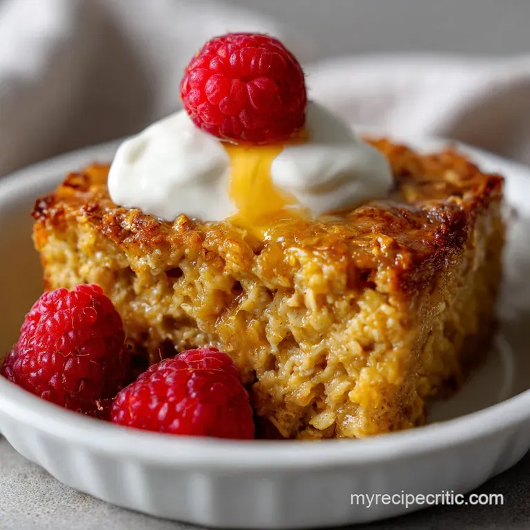 Warm baked oatmeal in a rustic bowl, topped with fresh berries and a drizzle of maple syrup, inviting and comforting.