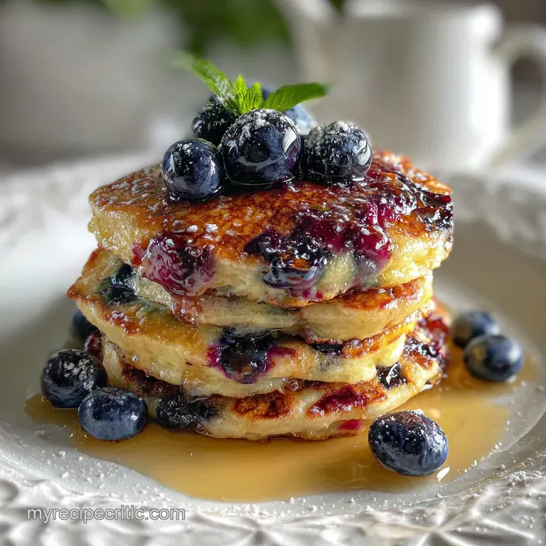 Three fluffy blueberry pancakes stacked on a white plate, adorned with whipped cream and fresh berries. A delicious, elega...