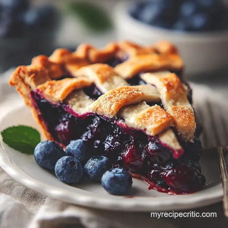 Slice of blueberry pie on a white plate. The dark filling contrasts with the golden crust, a dollop of whipped cream melti...