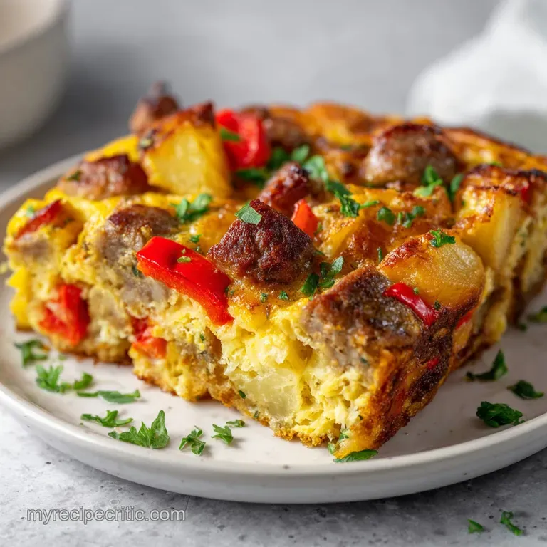 A square slice of fluffy golden egg bake on a white plate, garnished with a sprig of parsley and fresh berries.