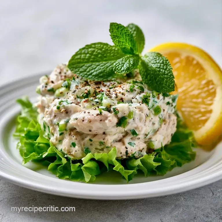 Scoops of creamy chicken and celery served on crisp butter lettuce leaves beside golden toasted sourdough bread.