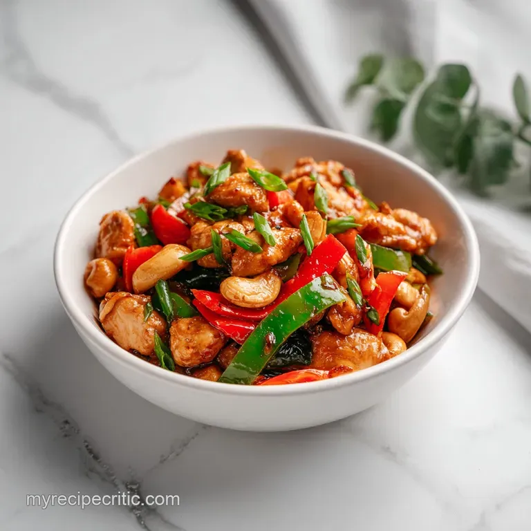 A vibrant bowl showcasing tender, saucy chicken and crunchy cashews, artfully arranged with crisp vegetable slices.