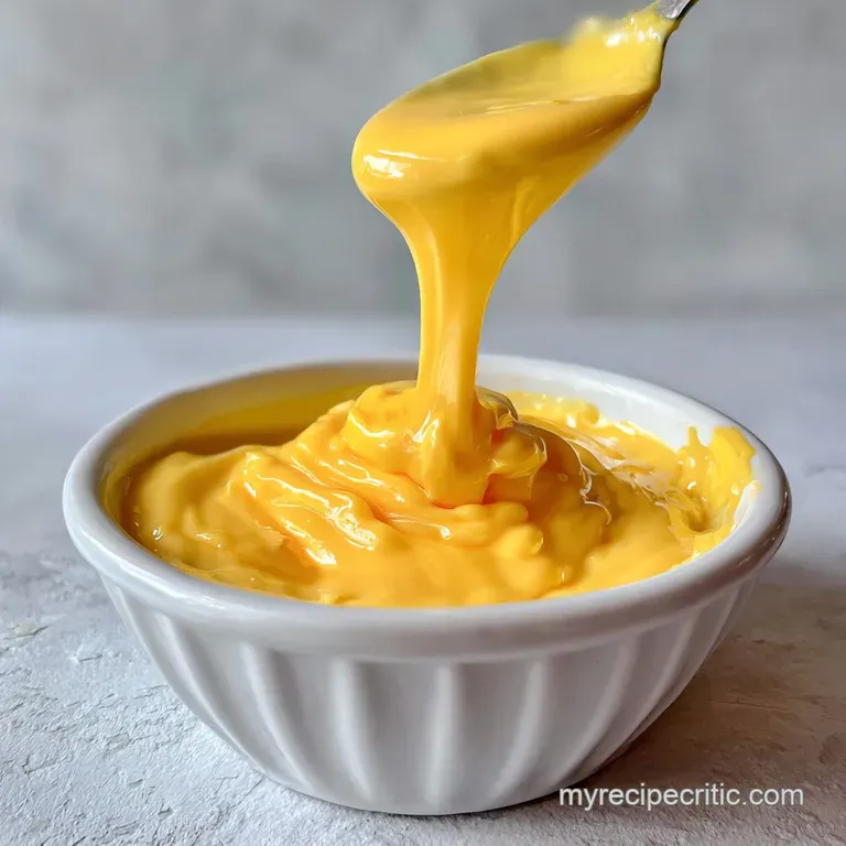 Golden cheese sauce drizzled artfully over broccoli florets on a plate. The rich sauce contrasts with the bright green veg...