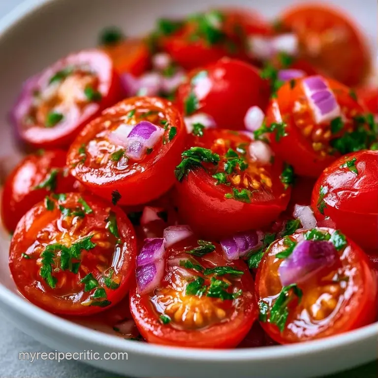 Platter of glossy red cherry tomatoes and creamy white cheese pearls accented with bright green basil and glaze.