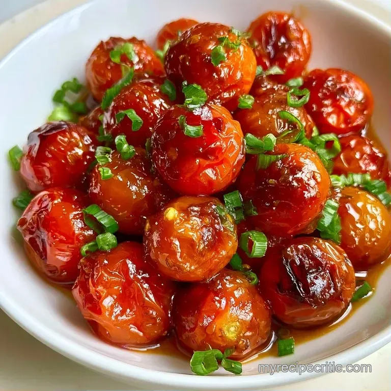 Vibrant red blistered tomatoes and sliced garlic served in a white ceramic bowl with a sprig of fresh green basil.