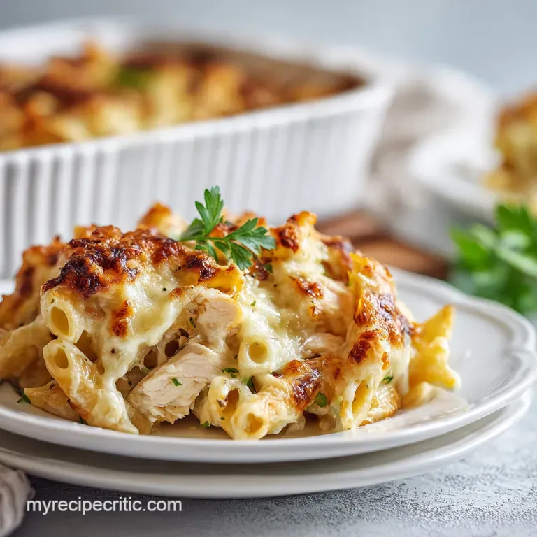 Creamy chicken pasta bake with a golden crust, artfully plated and garnished with fresh parsley. Steam gently rises, signa...
