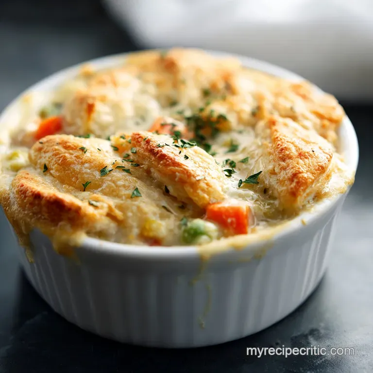 A single serving of pot pie cobbler, steam rising, with a flaky biscuit and rich, savory sauce drizzled over the side.