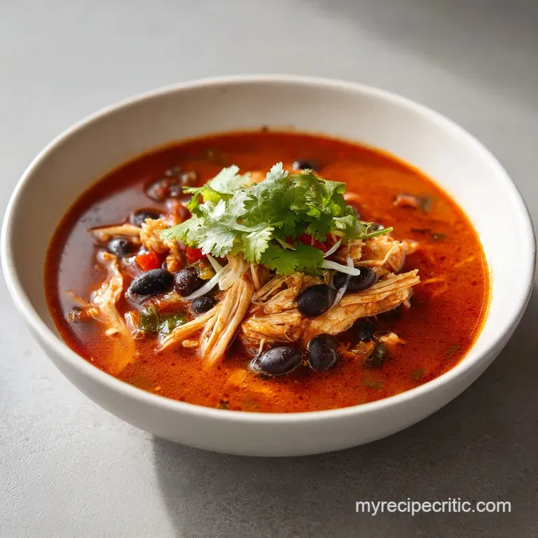 A ceramic bowl of rich red soup topped with cubed avocado, melted cheese, and a sprig of fresh green cilantro.