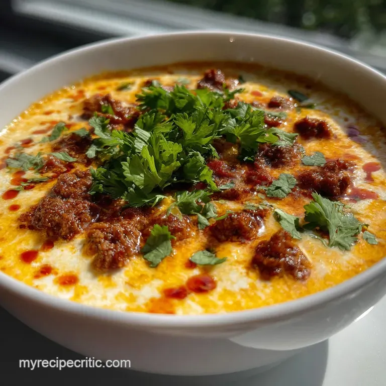 Warm chili con queso served in a rustic cast iron skillet, garnished with pico de gallo and tortilla chips. A perfect shar...
