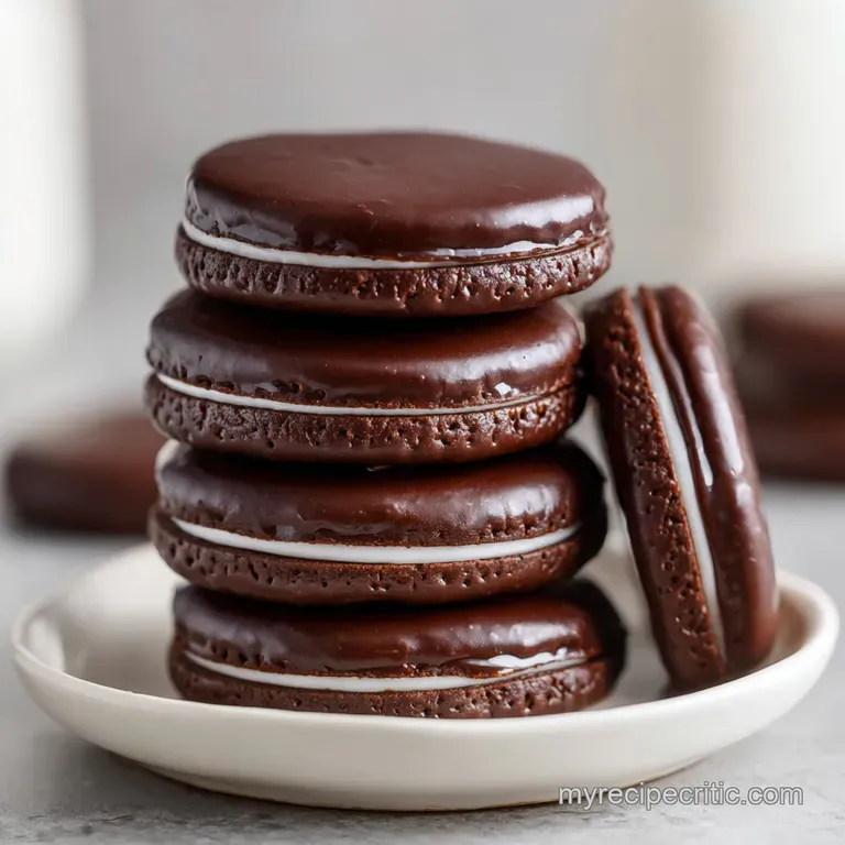 Stack of dark chocolate biscuits on a white plate, hints of flaky salt, with a steaming mug in soft focus.