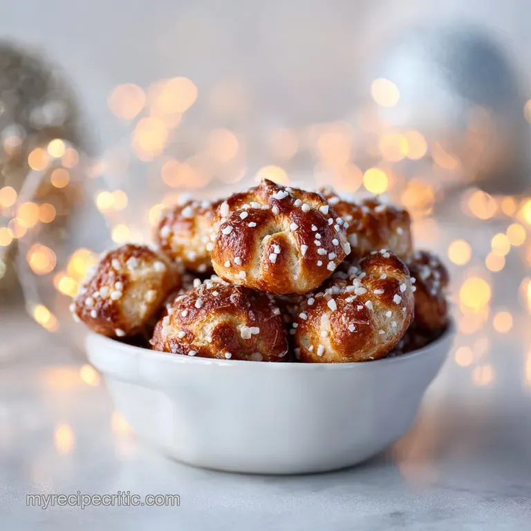 Three pretzel bites, adorned with red, green, and white candies, displayed on a festive holiday plate. Crisp pretzels, mel...