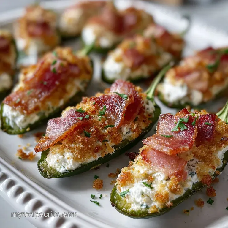 Creamy white cheese poppers wrapped in crisp, smoky bacon arranged artfully on a white plate, garnished with fresh herbs.