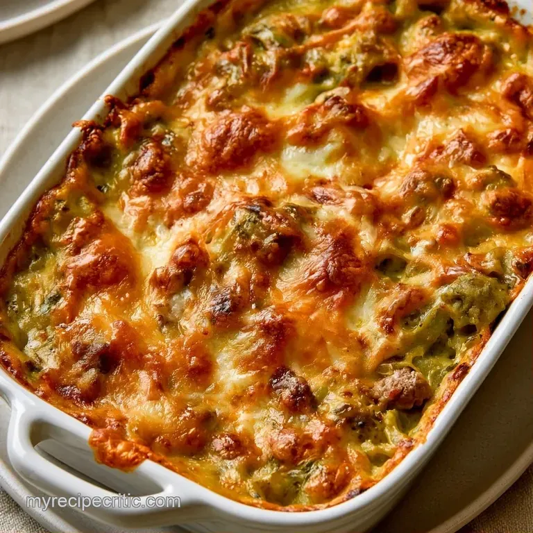 A square slice of creamy casserole topped with melted cheese and fresh cilantro on a clean white ceramic plate.