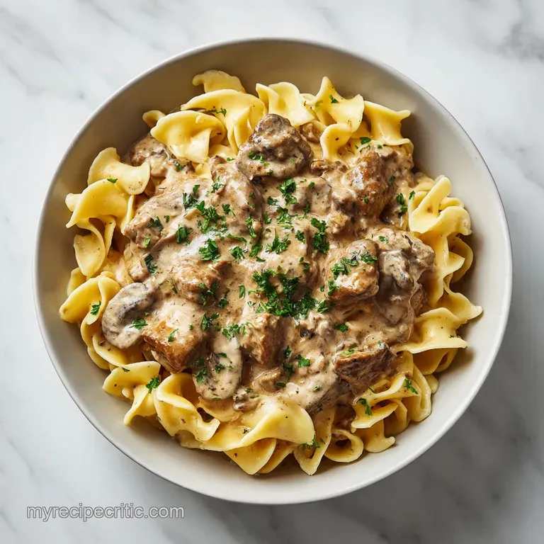 Elegant plate of creamy beef stroganoff, garnished with a sprig of dill. Steaming and appetizing, with a hint of paprika d...