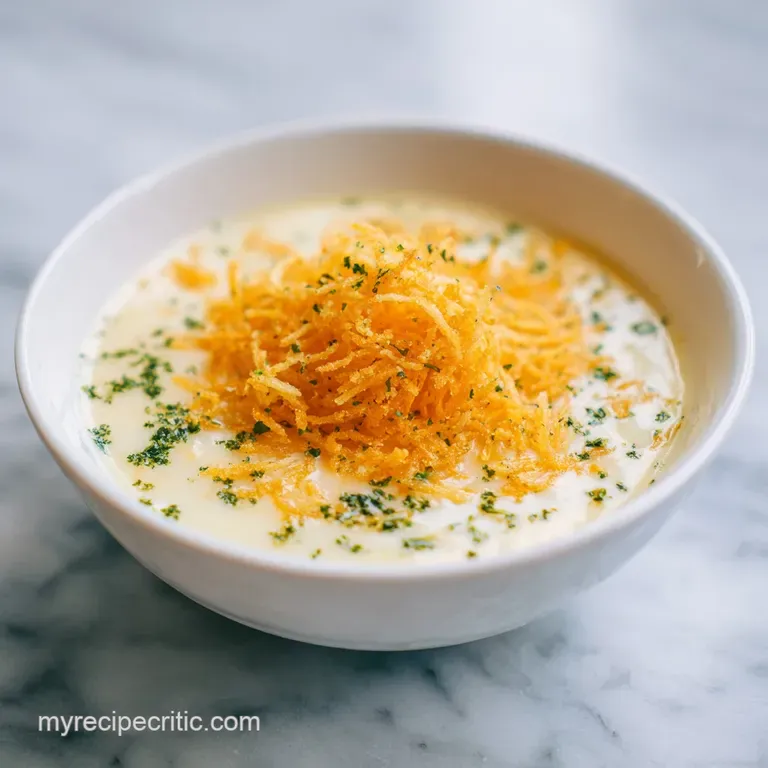 Elegant bowl of potato soup with artful swirls of cream, bright green herbs, and golden-brown hash brown topping. Warm and...