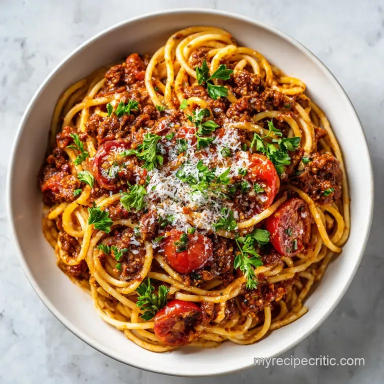 A swirl of spaghetti coated in rich red sauce, topped with fresh basil and grated Parmesan in a white bowl.