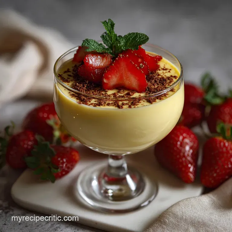 Pale yellow, airy zabaione, artfully swirled in a stemmed glass, topped with fresh raspberries and a dusting of cocoa.