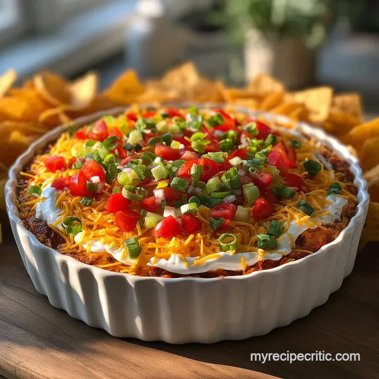 Individual glass dish layered with vibrant 7-layer dip, showcasing creamy textures and colorful ingredients. Ready to serve.