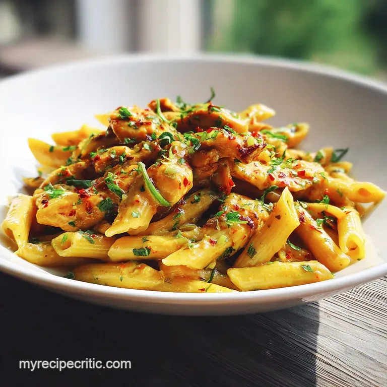 Elegant plate of penne pasta with a rich, light-colored sauce, garnished with fresh parsley and grated cheese.