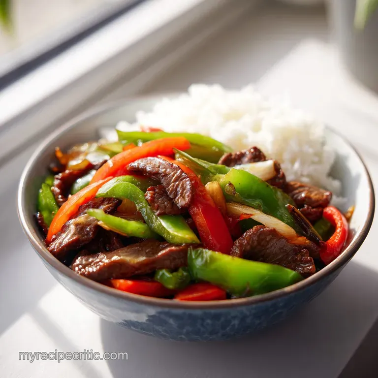 A beautifully plated portion of pepper steak, with perfectly seared steak and crisp, colorful vegetables.