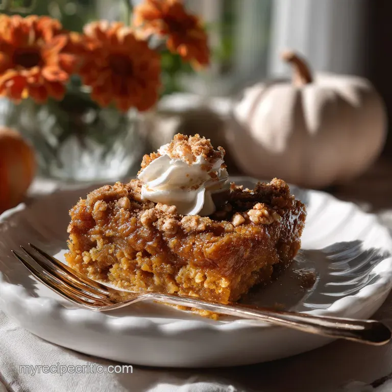 Warm, spiced pumpkin dessert with a golden, bubbly topping. Served with a scoop of vanilla ice cream, creating a cool, cre...