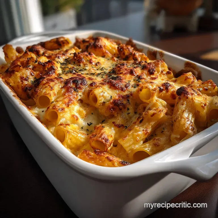 Elegant white plate showcasing a portion of baked rigatoni. Rich red sauce peeks through the pasta, sprinkled with fresh g...