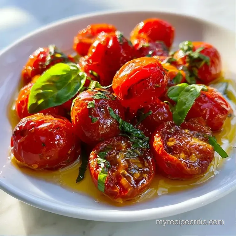Vibrant red blistered tomatoes served in a shallow white bowl, garnished with aromatic herbs and golden olive oil.