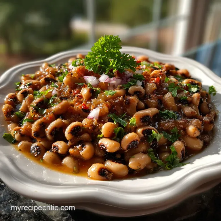 Elegant serving of glossy, tender black-eyed peas in a shallow bowl, garnished with fresh herbs and a drizzle of olive oil...