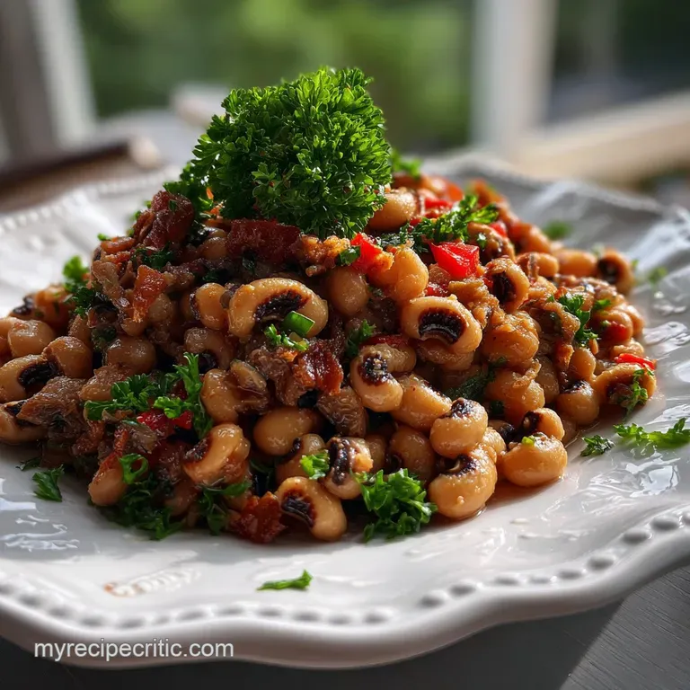 Elegant white bowl showcasing a vibrant stew; glistening black-eyed peas with a pool of savory pot likker and a sprig of g...