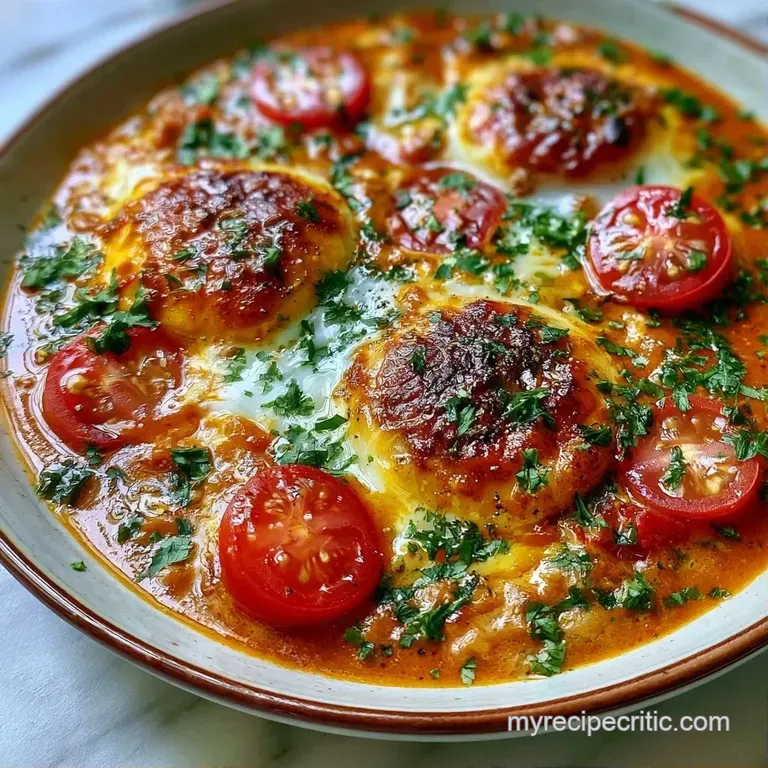 Elegant plating of halved eggs in a glossy red sauce with bright cherry tomatoes on a minimalist white dish.