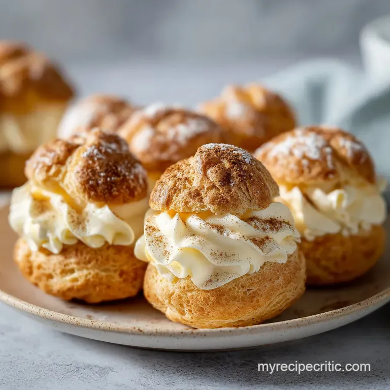 A delicate cream puff, sliced to reveal rich, pale-yellow custard, sits on a pristine white plate with a dusting of sugar.