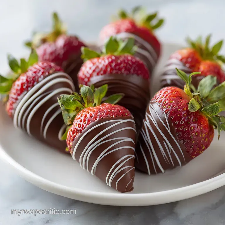A tower of chocolate-covered strawberries artfully arranged on a white plate, reflecting light and showing their smooth te...